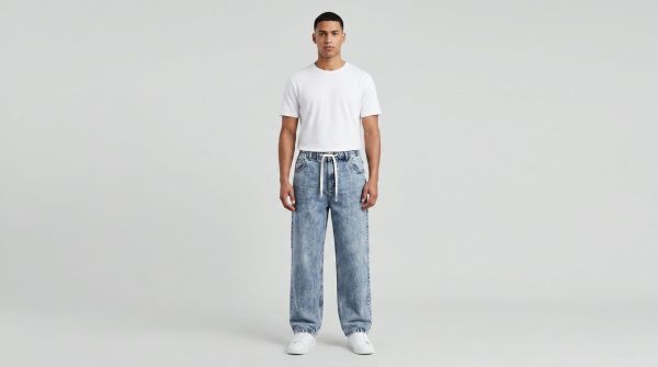 Male_model_wearing_blue_jeans_202606221006 Men’s Casual Drawstring Denim Joggers – Relaxed Fit