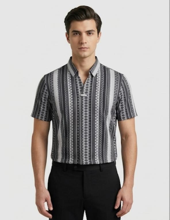 Men’s Geometric Patterned Polo – Monochrome Vertical Stripe (DRY-FIT)