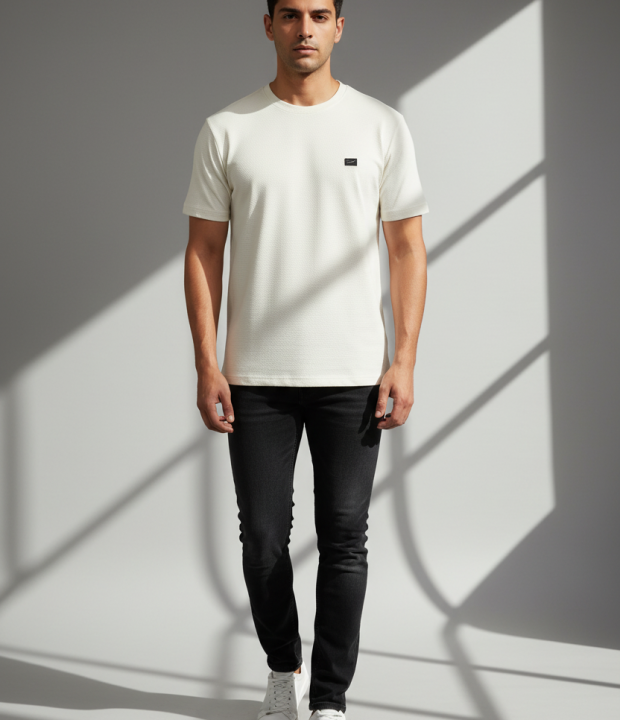 Premium Honeycomb Textured Tee – Cream